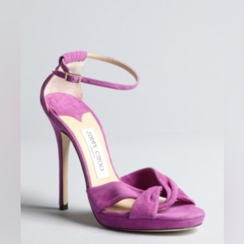 Jimmy Choo Marion Suede Platform Heels Purple Magenta Ankle Strap Sandal
